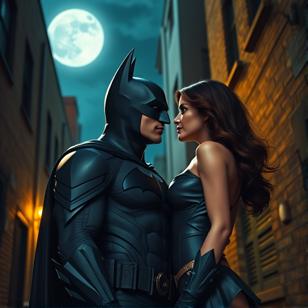 Batman et une femme brune dans une ruelle de Gotham, se regardant affectueusement sous la lumière de la Lune.