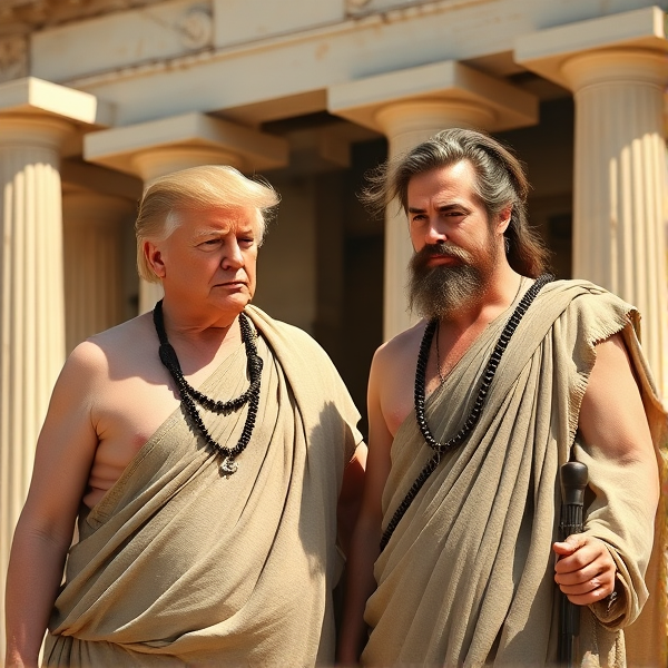 trump and elon musk as philosophers wearing togas in ancient greece
