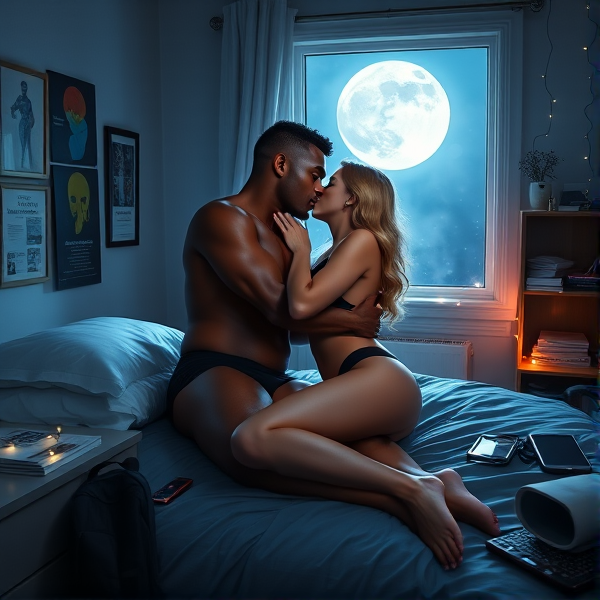 A moonlit college dormitory basks in a serene, silvery-blue glow from the moon, with light pouring through a partially open window and creating an ethereal atmosphere. The room is quiet, amplifying even the softest noise against the hush of night. At the center of this tranquility are two lovers, a man and woman in their college years, kissing and making passionate love as they lay down against the pillows of the bed.

The black man's physique is reminiscent of classical Greek statues; caramel skin illuminated by the lunar light, well-defined muscles visible beneath his fitted black boxer briefs. His commanding presence is softened by short natural hair that subtly glimmers as it reflects bits of moonlight.

Conversely, the woman embodies both vigor and allure. Her slender yet firm form is accentuated by delicate black lingerie. Her bright blonde hair spills across the pillow.

Their intimate world is surrounded by emblems of student life: walls adorned with music band posters and various art prints; a desk cluttered with shiny textbooks among electronic devices and loose papers; backpacks leaning against a closet; fairy lights hanging unlit along shelves brimming with cherished mementos—all casting intricate shadows within this tranquil sanctuary where emotional and physical intimacy converge.

Generate realistic human figures with natural proportions and expressions. Ensure human faces have symmetrical features and natural skin tones. Use natural poses and movements appropriate for the context of the scene. Ensure all human faces are clear, detailed, and complete. Faces should be well-defined with accurate features, including eyes, nose, mouth, and hair. Avoid any blurring, incomplete details, or missing facial elements.