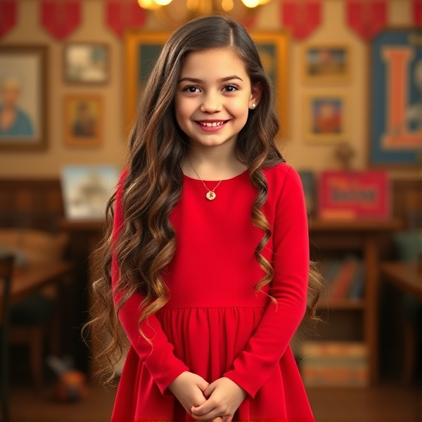 12 year old Riley Matthews (portrayed by Rowan Blanchard), with her really long wavy hair, smiling, wearing a bright red long sleeve dress, full body shot
