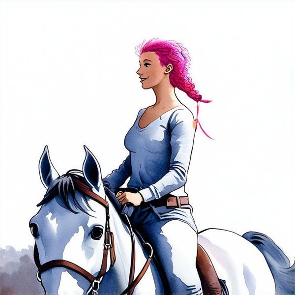Aquarelle : De profil, image de tete au pied,  Une femme aux chauveux rose fushia, sur un cheval qui galoppe. elle porte un jean, elle a les chauveux tressés
