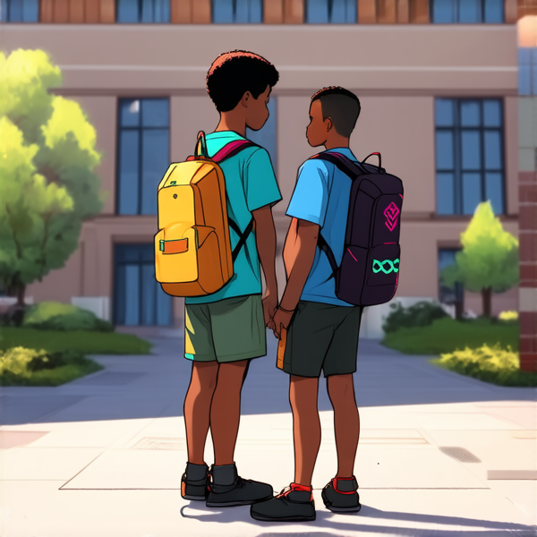 deux garçons noire agés de 12 ans avec des cartables dans la cour d'un collège