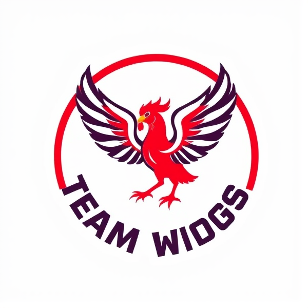 Logo rond d'un club de football appelé team wings avec des ailes de poulet dans le logo