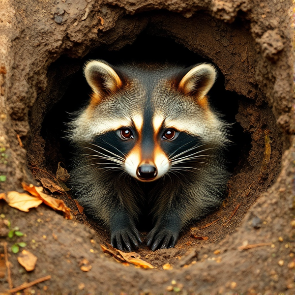 Raccoon reaching through a hole in the ground