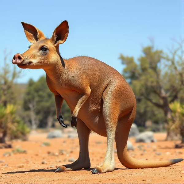 An imaginative creature with the body shape of a kangaroo and the distinctive features of a pig, such as a snout and ears, standing in an Australian outback setting