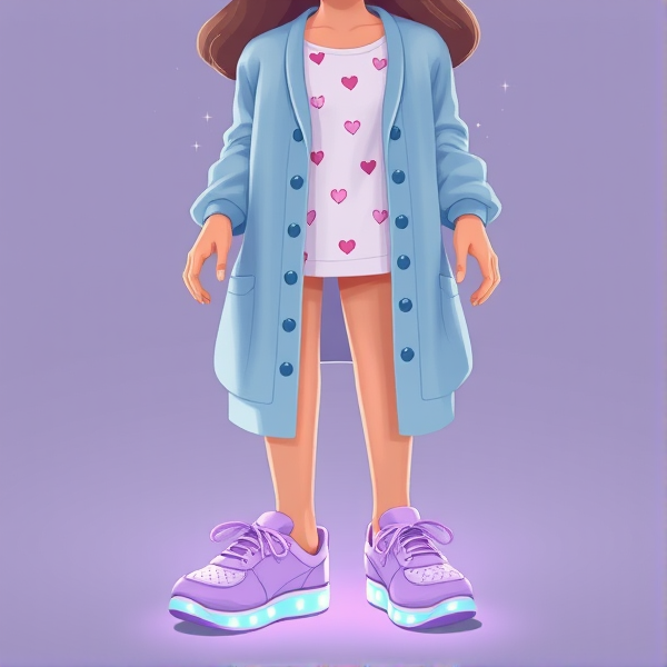 A woman donning a soft sky-blue cardigan over a crisp white blouse adorned with petite pink hearts. The cardigan is open to showcase the blouse underneath. She wears stylish lavender sneakers that are embedded with twinkling LED lights, creating an illusion of tiny stars shimmering with each step she takes