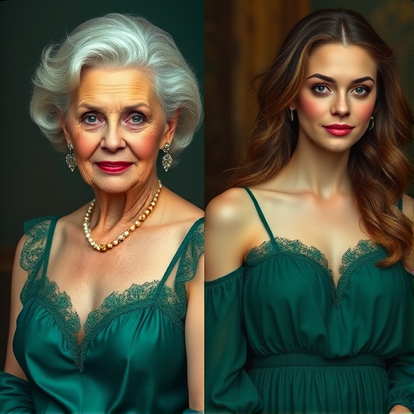 Create a diptych illustrating the passage of time in a woman's life. The left panel captures an elegant septuagenarian dressed in an emerald green chemise, her silver hair styled with grace, her face marked with fine lines yet radiating distinguished sophistication. On the right panel, depict the same woman at twenty-five years of age wearing an identical emerald green chemise, her youthful beauty accentuated by long brunette waves and eyes full of life and energy, embodying the essence of youth. Ensure both representations showcase consistent lighting and clarity, with each panel reflecting the respective life stage's spirit and character.