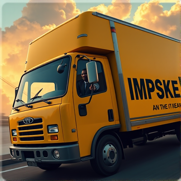 Black man waving out drivers side window of an all yellow moving truck that says the word "PIMPSKE" ON THE SIDE, truck driving into heaven