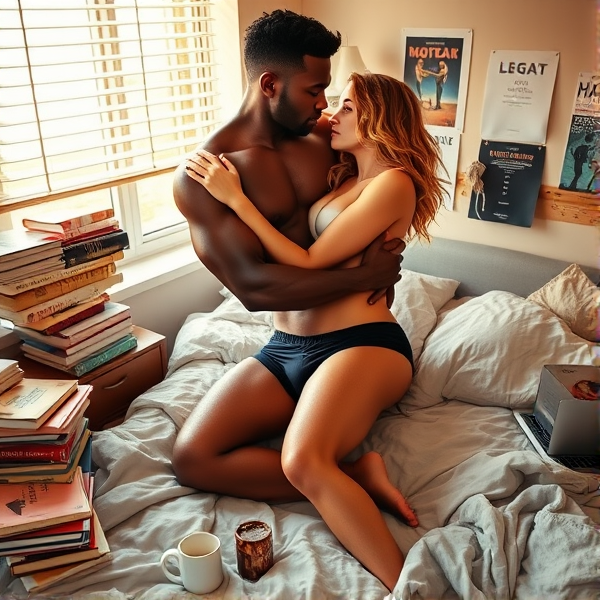 A post-intimate moment in a college dorm room, with a young couple sharing a narrow bed amid crumpled sheets. The male, a model of athleticism with an ebony complexion and chiseled features reminiscent of an ancient Olympian deity, is highlighted by the amber sunlight filtering through partially opened window blinds. His muscular arms embrace his partner tenderly. 

The female, with golden hair and a lithe, athletic build, rests her head on his chest while her arms encircle him. Both display glistening skin from recent intense passion. Morning light imbues her disheveled hair with a soft radiance.

They are wrapped in an intimate pose under tousled bedding that suggests the fervor of their love. They exchange looks filled with desire; she playfully bites her lip as he returns her gaze with eyes full of silent promises.

The room reflects their student life: precarious stacks of textbooks and a desk strewn with study materials, walls adorned with posters symbolizing intellectual pursuits and wanderlust, mismatched furniture, and a cozy rug. Discarded clothes indicate urgency while two coffee mugs—one bearing the chips of frequent use—and open laptops hint at scholarly dedication intermittently surrendered to their connection.

The scene captures their intellectual compatibility entwined with primal attraction—an amalgam of respect, understanding, and physical magnetism that resonates in every gesture. He dons sleek black boxer briefs that showcase his toned legs.