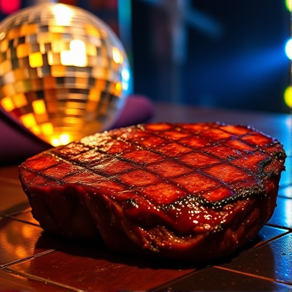 Peux tu me créer une image avec une boule à facettes et une côte de boeuf