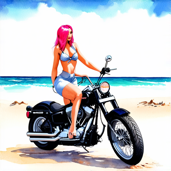 Aquarelle : Femme avec des cheveux rose fuchsia sur une harley noir roule sur le plage