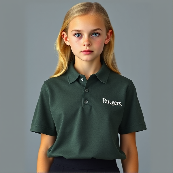 A photorealistic image of a youthful, blonde 19 year old girl with large, vivid blue eyes and delicate light freckles scattered across her cheeks. She stands in a full front body pose, clad in a dark green-gray polo shirt featuring subtle white lettering that reads "Ruttgers" near the left side of her chest. Her attire is completed with a sleek black mini skirt. The overall tone should convey the natural beauty of youth without excessive color saturation or makeup.