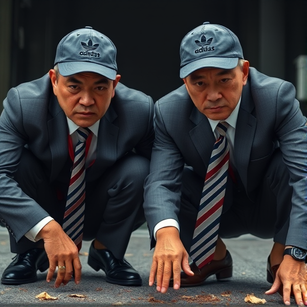 2 businessman japonais accroupis  avec casquette adidas et longue cravates rayées jusqu’au sol , regard faché, complice