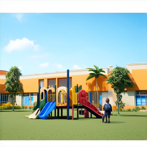 bâtiment d'une école primaire traditionnelle avec cours de récréation, enfants noirs africains en uniforme scolaire chemise blanche et pantalons bleu marine avec des cartables