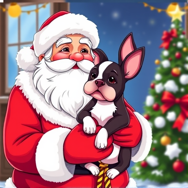 Cartoon Santa holding a Boston terrier puppy with a Christmas background scene