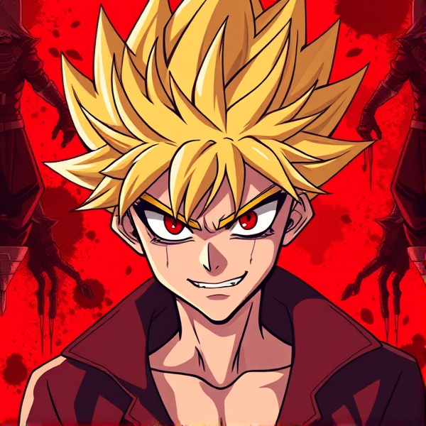 Create a image in the style of "My Hero Academia" featuring an original male character around 15 years old, who exudes a palpable sense of malevolence. He should have vibrant, spiky, jagged blonde hair that embodies his evil nature.