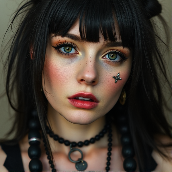 Trad goth woman with facial piercings.