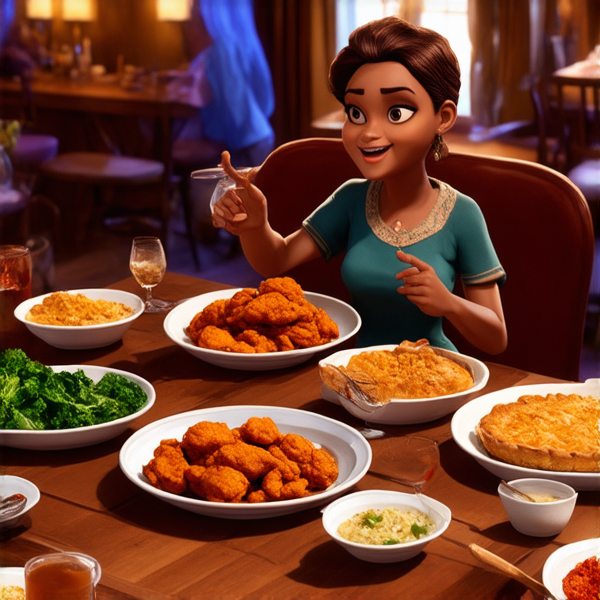 Repas de famille afro-américaine traditionnel, plusieurs générations réunies autour d'une grande table en bois rustique, débordante de plats faits maison typiques comme le poulet frit, les greens collards et la tarte de patate douce, ambiance chaleureuse avec des rires et des conversations animées, éclairage doux accentuant l'atmosphère conviviale