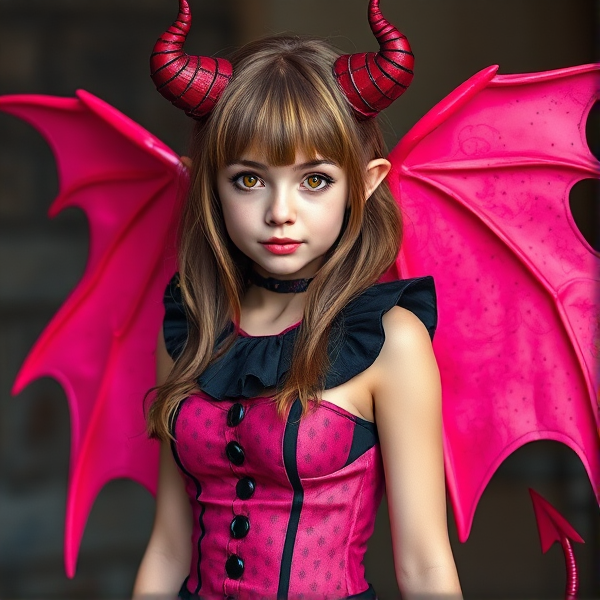 A girl with brown hair and blond bangs. She has orange eyes looks like she’s in her early twenties. She has a pink and black revealing clown outfit. She has pink wings, demon horns and a demon tail