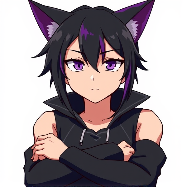 My hero academia oc. Half body view. Arms crossed. Cat ears black with purple tips. Black hair. With purple streaks.