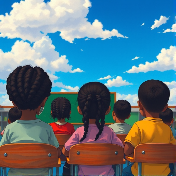 des filles noires de huit ans avec des tresses africaine et garçons assis dans une classe face au tableau