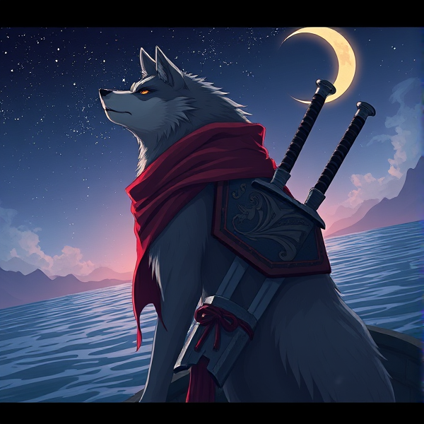 Loup roublard maitre de l'éclipse lunaire et avec un écharpe rouge autours du cou et avec deux épées dans le dos et il est sur un bateaux
