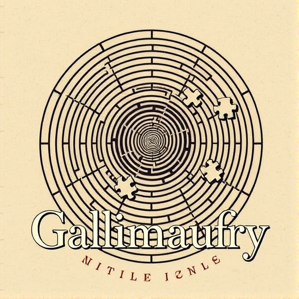 Design a sophisticated and artistic t-shirt graphic for "Gallimaufry," a literary journal, showcasing elements that symbolize paradoxes and puzzles. The visual should include an intricate labyrinth design juxtaposed with an optical illusion that defies expectation, embodying the essence of paradox. Feature enigmatic puzzle pieces subtly integrated into the labyrinth pattern, complemented by elegant typographic representation of the journal's name 'Gallimaufry' in a font that reflects a mysterious or enigmatic aura. The color scheme should be balanced and appealing to literary enthusiasts, with a hint of vintage charm to align with the intellectual theme.