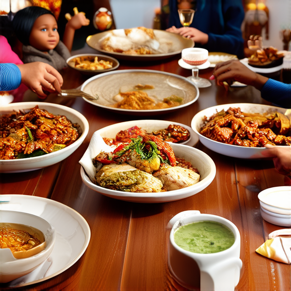 Repas de famille afro-américaine traditionnel, réunis autour d'une grande table avec des plats faits maison typiques