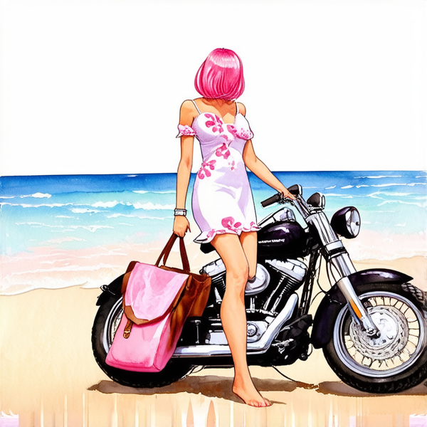 Aquarelle : Femme avec des cheveux rose fuchsia sur une harley noir roule sur le plage. elle porte une robe blanche à grosse fleur rose layette et un sac à main en cuir marron porté en bandoulière rose