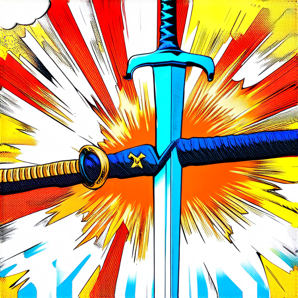 Seulement une épée longue européene à double tranchant représentant l'élément du vent placée verticalement, pommeau vers le haut. Vue d'ensemble.