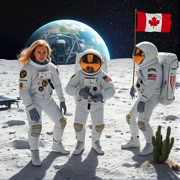 Trois astronautes, un humain flanqué de deux extraterrestres aux traits envoûtants, posent sur la surface lunaire baignée dans une lumière argentée émanant du régolithe étincelant. L'extraterrestre de gauche arbore une chevelure blonde et ondoyante qui semble danser en apesanteur autour de son casque transparent. Leurs combinaisons spatiales blanches sont embellies de motifs dorés complexes et parsemées de joyaux resplendissants qui reflètent les étoiles scintillantes alentour avec des finitions chromées brillantes. Les badges uniques sur chaque combinaison représentent leurs missions diverses.

À l'intérieur d'un biodôme lunaire innovant, un astronaute plante méticuleusement des graines dans un jardin hydroponique sous une lumière artificielle mimant le spectre solaire pour la croissance des plantes. Les reflets stériles du paysage lunaire se miroitent sur les visières réfléchissantes des casques. La vue à travers une fenêtre panoramique dévoile un module d'habitation avec le symbole du Québec, et au-delà, la Terre suspendue dans l'espace.

Non loin se trouve une série d'instruments scientifiques avancés près des panneaux solaires efficaces, sous le drapeau du Manchester City Football Club qui crée un lien entre le sport et l'exploration spatiale.

Le terrain est marqué par des cratères imposants, contrastant avec l'esthétique sophistiquée des infrastructures coloniales sous un éclairage doux mais net. Le ciel nocturne affiche un bleu outremer intense ponctué d'étoiles brillantes. Près du biodôme flotte également le drapeau acadien, animé par le vide spatial. Une navette spatiale extraterrestre élégante est garée non loin, entourée par la faune pacifique de créatures lunaires.

Un drone survole discrètement la scène près du pavillon québécois. Parmi la flore exotique se trouvent des cactus lunaires atypiques et une créature extraterrestre charmante se promène près du jardin hydroponique où poussent des plantes argentées évoquant des liasses de dollars.