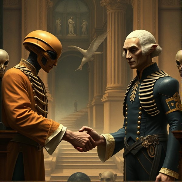 George Washington shaking an aliens hand with a ufa in the back