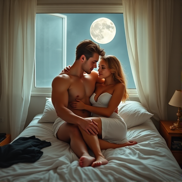 A tranquil college dormitory basks in the serene, silver radiance of a full moon, light streaming through an open window with gauzy curtains caught in a soft breeze. The room exudes peace and nascent romance, focusing on a twin XL bed where a young couple (a man and a woman) is entwined in a restful embrace.

The man is sculpted like an ancient Greek statue, his muscles defined and glowing marble-like under the moon's gentle beams. His hair flows in lustrous golden waves, touched by moonlight to shine with otherworldly splendor. His blonde companion's beauty rivals mythological goddesses, her face aglow in the moon's caress while her lashes cast delicate shadows over her cheeks. Her toned body could easily be found in a Victoria's Secret catalog.

They are barely draped in sheer linens that suggest their forms beneath, undulating softly with each breath they take.

Around them lie scattered clothes leading to their bed, implying a night spent in ardent love. Their hands are interlocked beside them on the sheets—a testament to the magnetism between them still lingering.

This vignette captures eternal young love and ardor at its pinnacle within this haven from outer judgment.

This should be a realistic picture. Think about not only the faces you generate but also the limbs of the human body. Humans have 2 arms and 2 legs.