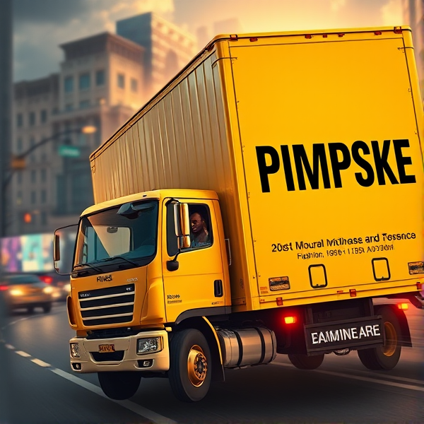 In heaven, all yellow moving truck that says the word "PIMPSKE" ON THE SIDE of trailer, black driver waving out window, truck is driving into heaven