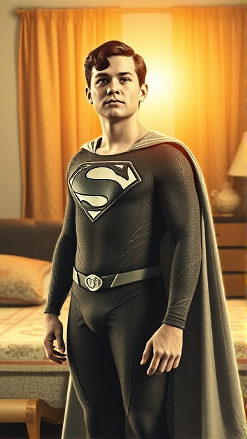 1990's Movie Scene: Jon Kent, AKA Superboy, the young little 12-year old super son of Superman, and the first kid to be born as the world's first Half-Kryptonian child, with an extremely muscular body, the iconic costume, the singular curled bang sticking out at the front of his flat and smooth hair, and a long cape, standing in his bedroom, taking a moment to truly admire his newfound appearance and identity as the world's first Half-Kryptonian.
