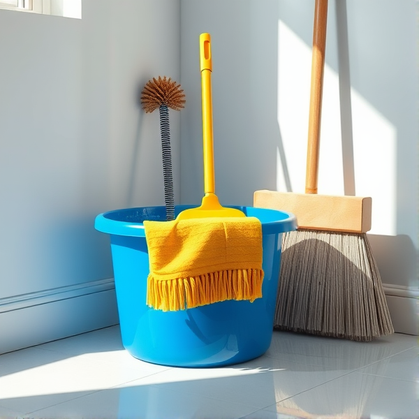A meticulously arranged cleaning corner in a brightly lit room, featuring a shiny blue bucket filled with crystal-clear water, a neatly folded yellow mop resting beside it, a stiff-bristled scrub brush, and an upright broom with clean, natural straw bristles set against the wall. Soft shadows accentuate the textures of each object and the clean, tiled floor reflects the ambient light
