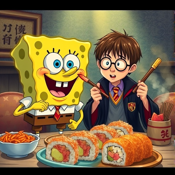 Realistic SpongeBob and Harry Potter, eating sushi, Rahman