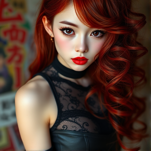 A Japanese girl of taller height, with dark red hair in curls down on her shoulders. She is a popstar with a gothic, alternative feel. Her eyes are black and very sharp and her skin is rather pale. She wears tight leather skirts and lace tops.