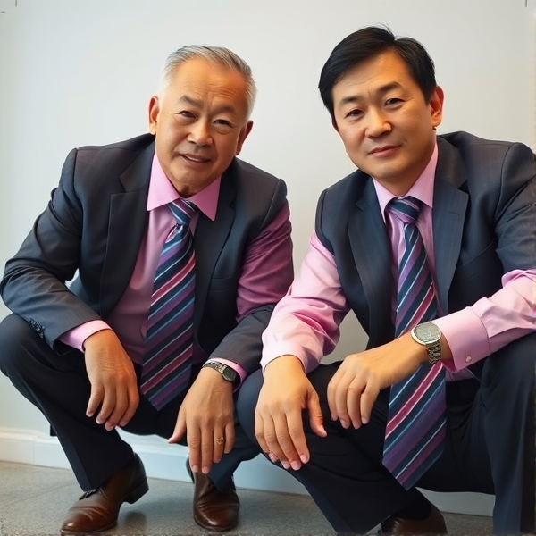 2 businessmen viril  japonais senior accroupis  avec une cravate à larges rayures large et chemise rose. Ils regardent la caméra