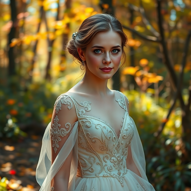 emma watson in a vibrant, enchanted forest setting, wearing an elegant, flowing gown with intricate designs, soft natural lighting highlights her features