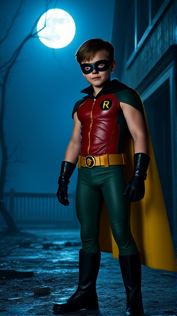 Movie Scene: A preteen 12-year old boy with light skin and dark brown hair named Connor Bardley, but dressed as Robin, The Boy Wonder, with an extremely muscular body, a sleek green suit with a red torso with a black circle with a yellow R symbol on his left pectoral, a gold utility belt, black boots, black long-cuffed gloves, a big, heel-length, ultra-wide collared cape that's black on the outside and yellow on the inside, and a black eye mask, standing in an abandoned house at night, looking for clues to the mystery he is trying to solve.