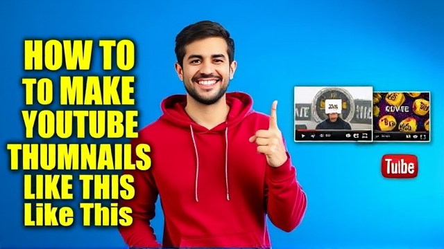 Create an engaging and vibrant thumbnail for a YouTube tutorial on making thumbnails. The central figure should be a smiling person in a red hoodie, pointing confidently to smaller thumbnail examples on the right. Use a bright blue background with gradient effects to draw attention. Add bold, large text on the left that says "How to Make YouTube Thumbnails Like This" in white and yellow. Ensure the smaller thumbnail examples have vibrant colors and clear, catchy text to illustrate successful designs.
