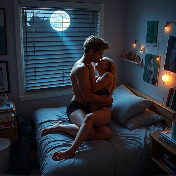 A serene moonbeam, shimmering with a silvery-blue hue, slips through the half-open blinds of a quintessential college dormitory window, casting a celestial spotlight on an intimate vignette within. The room is steeped in the quietude of night, where every soft whisper and gentle breath feels amplified in the stillness. In this tranquil ambiance, an attractive young couple finds solace as they lie in each other's arms upon a twin bed that creaks softly under their shared weight. They lie entwined in a tender and delicate embrace that speaks volumes of their affection.

The man, his bronzed skin glowing under the moon's kiss, possesses an athletic build that harks back to the idealized forms celebrated in classical Greek sculpture—sculpted muscles defined and taut, his stature commanding yet inviting. He dons only a pair of fitted black boxer briefs which highlight his lean waistline and the robust power residing in his thighs. His hair is like spun gold, catching flecks of lunar light, adding to his statuesque allure—a true embodiment of Adonis brought to life.

Beside him, the woman exudes strength and femininity; her athletic frame curves with supple grace beneath the fine lacework of her black lingerie. The intricate patterns of lace play upon her skin as if shadows cast by branches swaying outside their window. Her bright blonde hair fans out on the pillow like radiant threads weaving into the darkness around them. Together they engage in passionate love-making—the missionary position allowing for an intense and heartfelt union. His fervent kiss meets hers with profound yearning while he supports himself above her with strong arms that emphasize his defined biceps and forearms, careful not to crush her beneath his devoted ardor.

Their surroundings tell tales of academic life—a poster-plastered wall featuring bands and art prints; a desk cluttered with textbooks reflecting faint ghostly images from its glossy surfaces; electronic devices charging silently amidst scattered notebooks; worn backpacks slumped against the wardrobe; strings of unlit fairy lights draped haphazardly along shelves holding mementos from home—and yet these mundane details are but shadows in the glow surrounding them as they celebrate their deep emotional connection amid physical communion.

Around them lies evidence of youthful habitation: simple furniture—a sturdy desk laden with academic paraphernalia; mismatched chairs; an overflowing laundry hamper—flanked by walls adorned with posters displaying abstract designs or favorite musicians. These adornments bear witness to countless hours spent studying or relaxing between lectures yet now serve merely as understudies to this night's performance by two hearts intimately linked.

The entire scene radiates warmth despite its minimalist dormitory trappings—an unassuming backdrop punctuated by personal touches such as stacked textbooks bearing creased spines from frequent use or photographs pinned haphazardly against corkboards showcasing beaming faces caught mid-laughter—all surrounding this deep emotional and physical bond captured under moonlight's forgiving gaze.
