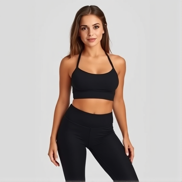 Refined portrait of a 17 -year-old girl, capturing her classical hourglass figure characterized by elegantly curved hips, well-toned thighs, and a proportional full bust accentuated by a slim waist. She stands in a poised full-body stance wearing chic black leggings and a coordinating sports bra that highlight her vitality and athleticism. The image should convey sophistication and the essence of youthful health and fitness.