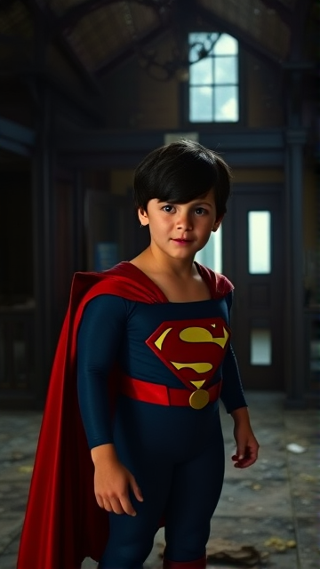 1990's Movie Scene: Jon Kent, AKA Superboy, the young little 12-year old super son of Superman, and the first kid to be born as the world's first Half-Kryptonian child, with an extremely super muscular body, the iconic costume, the singular curled bang sticking out at the front of his flat and smooth black hair, and a long cape, standing in an abandoned house at night, looking for clues to the mystery he is trying to solve.