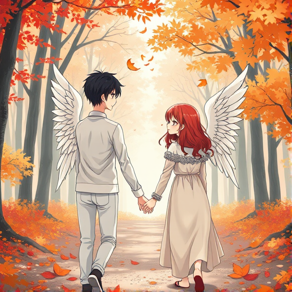 Black haired Caucasian male anime angel wity wings and red haired Caucasian female anime angel with wings wearing glasses, hold hands walking in an Autumn forest