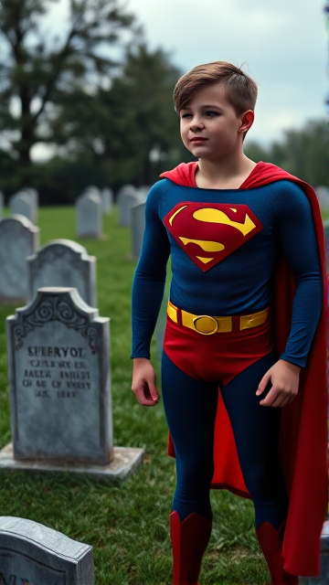 1990's Movie Scene: Jon Kent, AKA Superboy, the young little 12-year old super son of Superman, and the first kid to be born as the world's first Half-Kryptonian child, with an extremely muscular body, the iconic costume, the singular curled bang sticking out at the front of his flat and smooth hair, and a long cape, standing in a graveyard, visiting the grave of his legendary, deceased father, and promises to take his place in the world and carry on his legacy through himself.