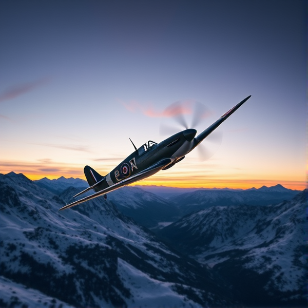 Spitfire mk9 aircraft flying low over snowy mountains at twilight