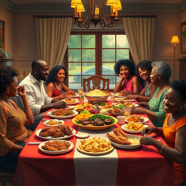 A lively African American big family gathering around a richly adorned dinner table, sharing a traditional soul food meal with dishes such as fried chicken, collard greens, macaroni and cheese, cornbread, and sweet potato pie, all set in a warm and inviting dining room filled with laughter and storytelling