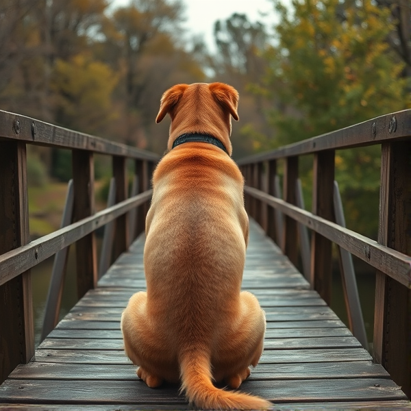 Back of dog sitting on bridge